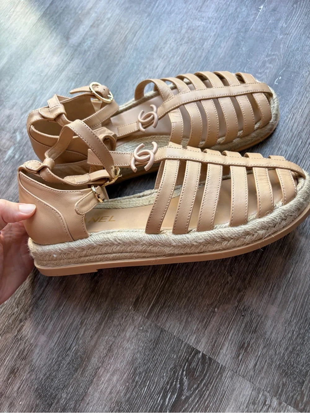 CHANEL Tan Leather Strappy Espadrille Sandals with CC Emblem